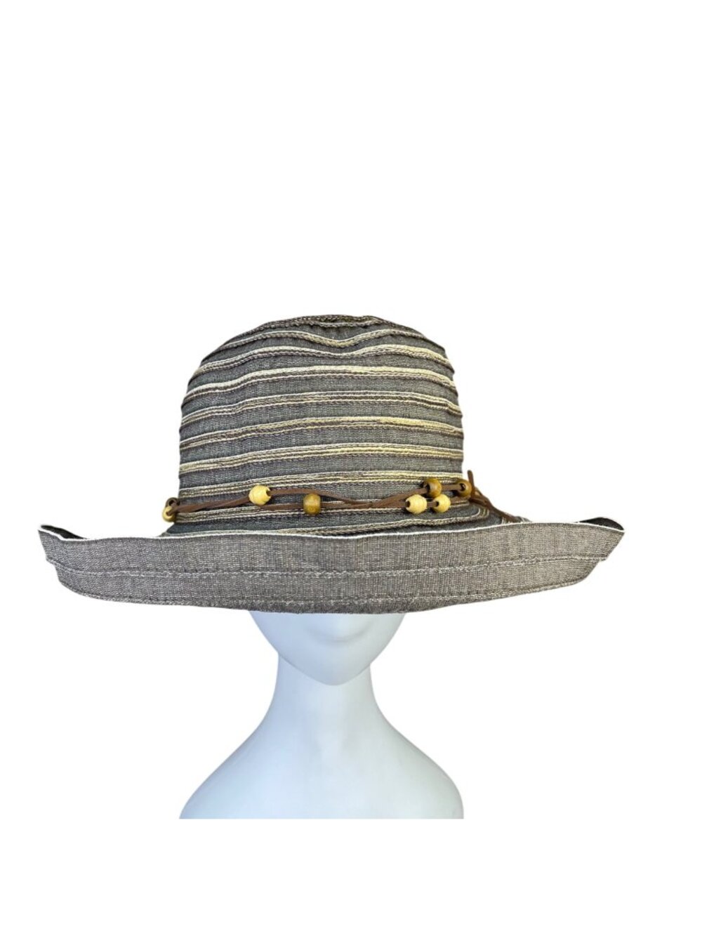 Wallaroo Womens Brown Striped Breton Hat With Beaded Band Adjustable Size
